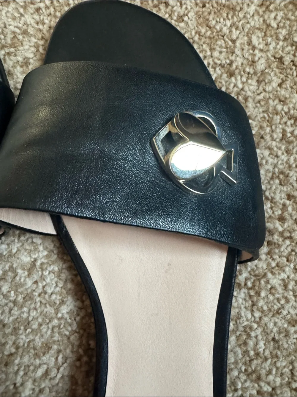 Kate Spade New York Ferry Black Leather  Slide Sandals with silver logo